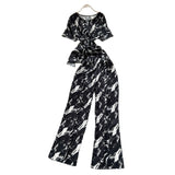 Fongt Mature Two Sets Of Women's Summer Dress Design Cross-Round Neckline Short-Sleeved Print Top High-Waisted Casual Broad-Legged Trousers