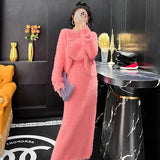 and winter new style mink velvet solid color sweater suit women style new harajuku slim mid-length skirt knitted suit-Outfit