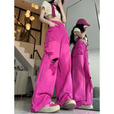 Fongt Street Rose Red Ripped Jeans Women Summer Thin Dopamine Wearing Hot Girl Straight Broad Leg Pants