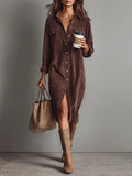 Fongt Women's Elegant Workwear Style Pocket Button Velvet Shirt Dress Dress