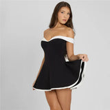 Black Flare White Off-shoulder Mini Dress-Outfit