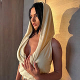 Pleated Hooded Slim Crop Tops Women Elegant V Neck Solid Sleeveless T-shirt 2023 Summer Casual Female Apricot