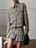 Fongt Plaid-Print Set Shirt-Style Jacket With Hundreds Of Folded Skirt Autumn And Winter Crumuml Flower Design Sweet Retro Woman