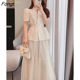 Han Queen Elegant 2 Piece Office Dress Women Summer Simple Basic A-Line Dresses Short Sleeve Slim Long Casual Party