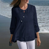 Summer Lace Crochet Blouse Women Elegant 3/4 Sleeve Patchwork Shirt Casual Hollow Out Tops Solid Loose Work Blusas