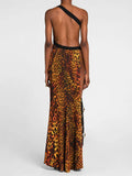 Women's Printed Leopard Print Side Slit Long Bandage Sexy Sleeveless One Shoulder Open Back Skinny Celebrity Party