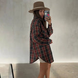 Fongt Women's Wear 2023 Fall New Vintage Plaid Shirt Boyfriend Wind Long Loose Shirt Coat-Outfit