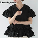 Style Patchwork Ruffles Beads Shirts & Blouses 2024 Woman Blusas Short Sleeve Camisas V-neck Ropa Mujer Summer Tops-Outfit