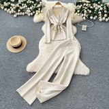 Fongt Goods Fashionable Wearing A Famous Man's High-Level Feeling Strapped With A Waist Suit Collar Long-Sleeved Knitted Top High Waist Broad Leg Trousers