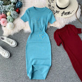 Fongt Solid-Color Temperament Round-Neck Knitted Tight Skirt Dress Bag Hip One-Step Skirt Dress Mid-Long Model