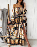 Fongt New Evening Dress Print Dress V Collar Retro Long Sleeves Open Fork