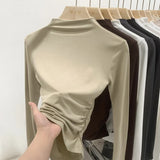 Color Half-High Collar Pleated Design Feeling Bottomed Shirt Women's Autumn New Short-Sleeved T-Shirt Underwear-Outfit