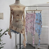 Purely Want A Word Shoulder Ink Print Tie-Dye Mesh Long-Sleeved Shirt Irregular Lotus Leaf Side Top