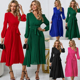 Fongt Thin Women's New Long-Sleeved Slim 100-Folded Belt V-Neck Dress A-Dress
