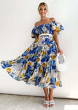 Fongt Summer New Bubble Sleeve Holiday Show Skinny Dress Babes High-Waisted Shoulder-Print Dress Dress Woman