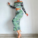Fongt New Fashion Long-Sleeved One-Line Collar T-Shirt Slim Buttock Skirt Suit Women-Outfit