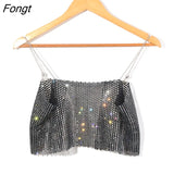 Sexy Halter Tops for Women Fashion Mesh Crystal Diamond Shirts Sparkly Rhinestone Navel Backless Cropped Tank Tops