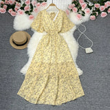 Fongt Wind Temperament Sweet Broken Flower V Collar Dress Beach Vacation Snow Spinning A Word Long Skirt-Outfit