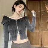 Sexy Off Shoulder Sweaters Women Autumn Slim Fit Double Zipper Knitted Cardigan Y2k E-Girl Long Sleeve Tops Mujer-Outfit