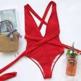Solid Red One Piece Swimsuit Women Push Up Lace Up Bandage Bodysuit Brazilian Deep V Neck Backless Bathing Suit