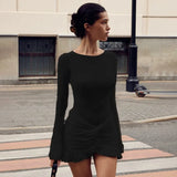 Fongt Autumn Women's New Fashion Round Neck Long Sleeves Folded Taut Knot Short Bag Hip Dress