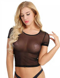 Fongt Elastic Tight Perspective Sexy Mesh Bottom Shirt Transparent Long Sleeve T-Shirt Women's Lace