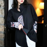 Style Floral Embroidery Shirt Casual Loose Spring Autumn Vintage Stand Collar Women's Clothing Single-breasted Blouse-Outfit