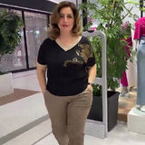 Fongt Sexy Fashion Plus-Size Women's V-Neck Loose Print T-Shirt