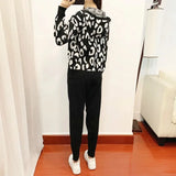 Women Knitted 3 Piece Sets Chic Leopard Print Hooded Cardigan+Crop Tops+ Knitted Harem Pants Outfits Korean Sweater