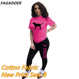 Summer Casual PINK Letter Print Two Piece Sets Women Short Sleeve Top And Skinny Pants Tracksuits Famale 2pcs