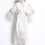 Fongt Luxury Famous Dress Women Spring Diamond Seven-Sleeve Mesh Splicing Design Chic Temperament Dress