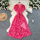 Fongt Summer New Small High-End Sense V-Neck Short-Sleeved Waist Irregular Open-Fork Print Dress Women's Long Dress