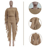 Fongt New Women's Wear Casual Solid Color Knit Long Sleeve Tassel Suit-Outfit