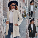 Fongt Winter New 2024 Women's Fashion Cardigan Standing Collar Solid Color Versatile Medium Coat-Outfit