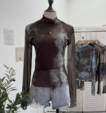 Fongt Shooting Denim Pattern Dye Printing Retro Babes Thin Mesh T-Shirt High-Necked Long Sleeve Bottom Shirt Top 9950