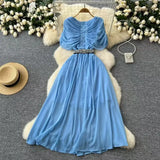 Fongt Fan Niche Design Pressure Folding Collar Button To Collect Waist Thin Temperament Medium Long Over Knee Chiffon Dress