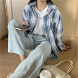 Vintage Oversized Plaid Long Sleeve Blouse-Outfit