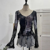Fongt Lace Splicing Long-Sleeved T-Shirt Women's Bow Strap Hollow Irregular Blouse 6179