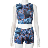 Fongt Women's Autumn And Winter Leopard Print Sleeveless Vest Shorts Open-Umbilly Shorts