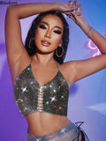 Women Trendy Shiny Rhinestone Crop Top Glitter Crystal Mesh Fishnet See Through Backless Tank Top for Women Y2K Halter