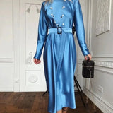 Vintage Sashes Satin Slim Mid Dress Long Sleeve Solid O Neck A Line Simple Casual Dress 2020 Early Winter New Women