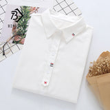 Spring New Women Casual Striped Embroidery Cotton White Shirt Long Sleeve Short Blouse Autumn Solid Sweet Girl Tops