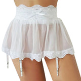 Sheer Black Mesh And Lace Six Strap Ruffle Garter Belt High Waisted Lace Pull On Suspender Belt Women Black