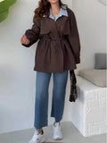 Fongt Women's Long-Sleeved Solid Color Tie Button Stormcoat