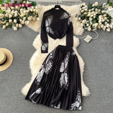 New Advanced Casual Women's Elastic Long Sleeve Pleated Top+High Waist Pleated Half Skirt Printed Skirt 2-piece Set-Outfit