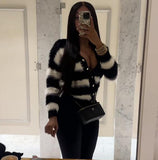 Fongt Women's Clothing Winter Explosion Fashion Black And White Stripe Single-Dcupuncture Cardigan Knitted Shirt