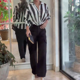Fongt 2024 New Fashion Striped Print Shirt High-Waisted Straight Pants Two Sets For Women-Outfit