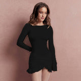 Fongt Autumn Women's New Fashion Round Neck Long Sleeves Folded Taut Knot Short Bag Hip Dress