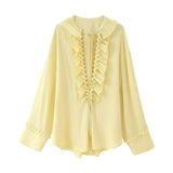 Fongt Women's Summer Folding V-Neck Folding Collar Trim With Chiffon Long-Sleeved Shirt Skirt Suit