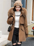 Hooded Jacket Woman Warm Fur Lining Cotton Padded Parka Female Drawstring Basic Coat Windproof Women Jacket